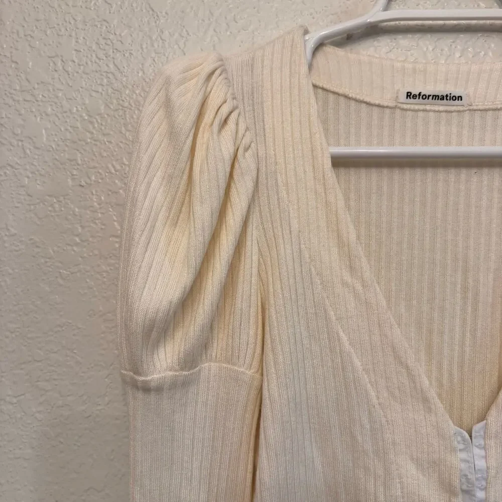 Reformation Einkorn Ribbed Organic Cotton Puff Sleeve Top Cream XS Cottage